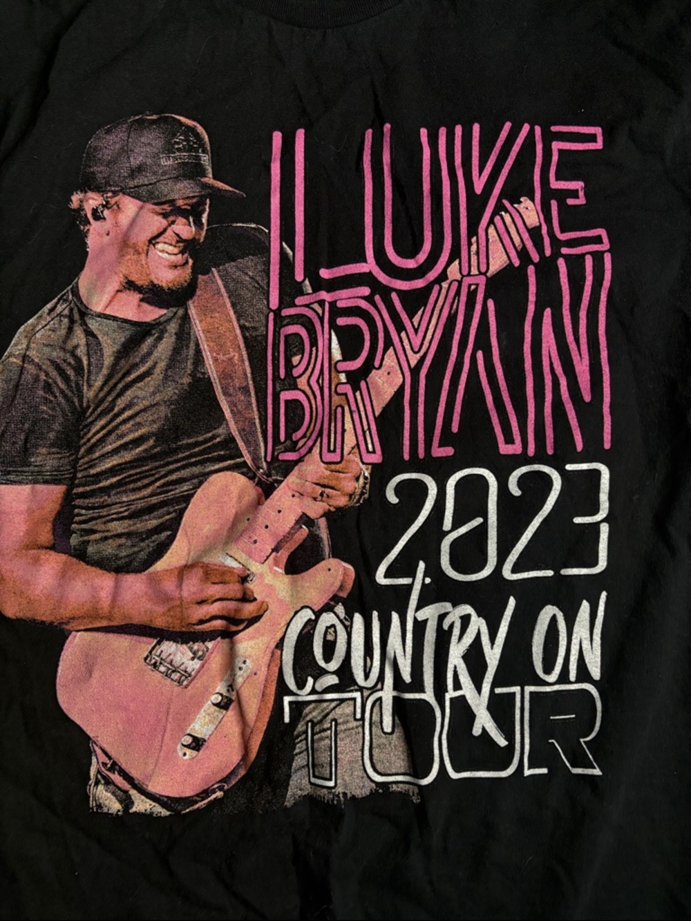 Black Short Sleeve Graphic Tee with Pink & White Tour Print - Luke Bryan 2023